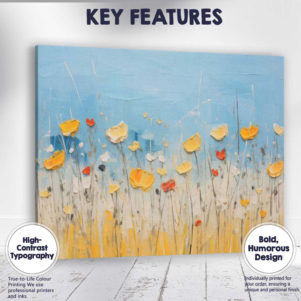 Blue and Gold Wildflower Meadow Textured Abstract Canvas Wall Art Print Decor Picture Ready to Hang