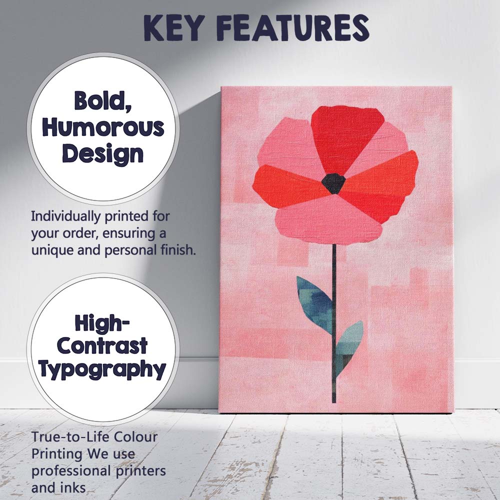 Minimalist Pink Red Poppy Flower Contemporary Botanical Canvas Wall Art Print Decor Picture Ready to Hang