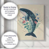 Watercolour Blue Whale Surrounded By Wildflowers Botanical Animal Illustration Canvas Wall Art Print Decor Picture Ready to Hang
