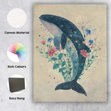 Watercolour Blue Whale Surrounded By Wildflowers Botanical Animal Illustration Canvas Wall Art Print Decor Picture Ready to Hang