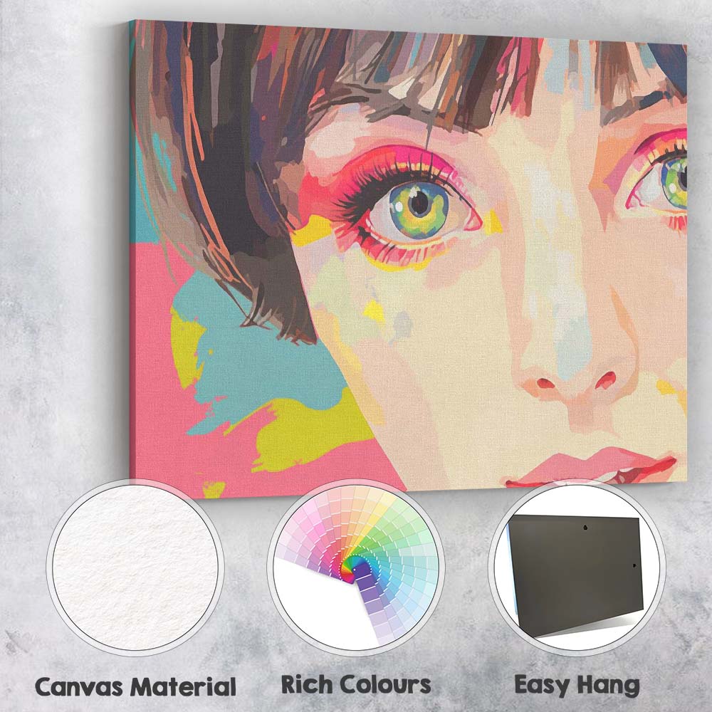 Colourful Contemporary Female Portrait With Green Eyes Pop Art Canvas Wall Art Print Decor Picture Ready to Hang