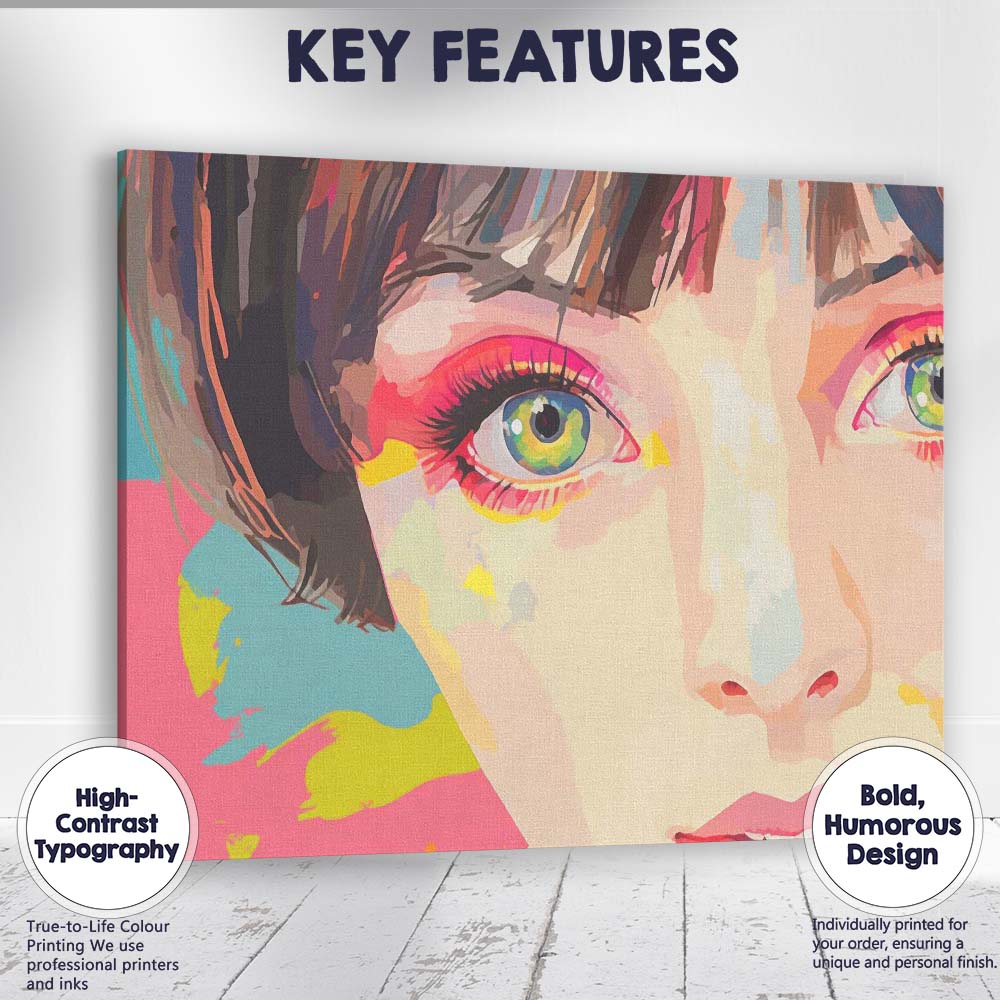Colourful Contemporary Female Portrait With Green Eyes Pop Art Canvas Wall Art Print Decor Picture Ready to Hang