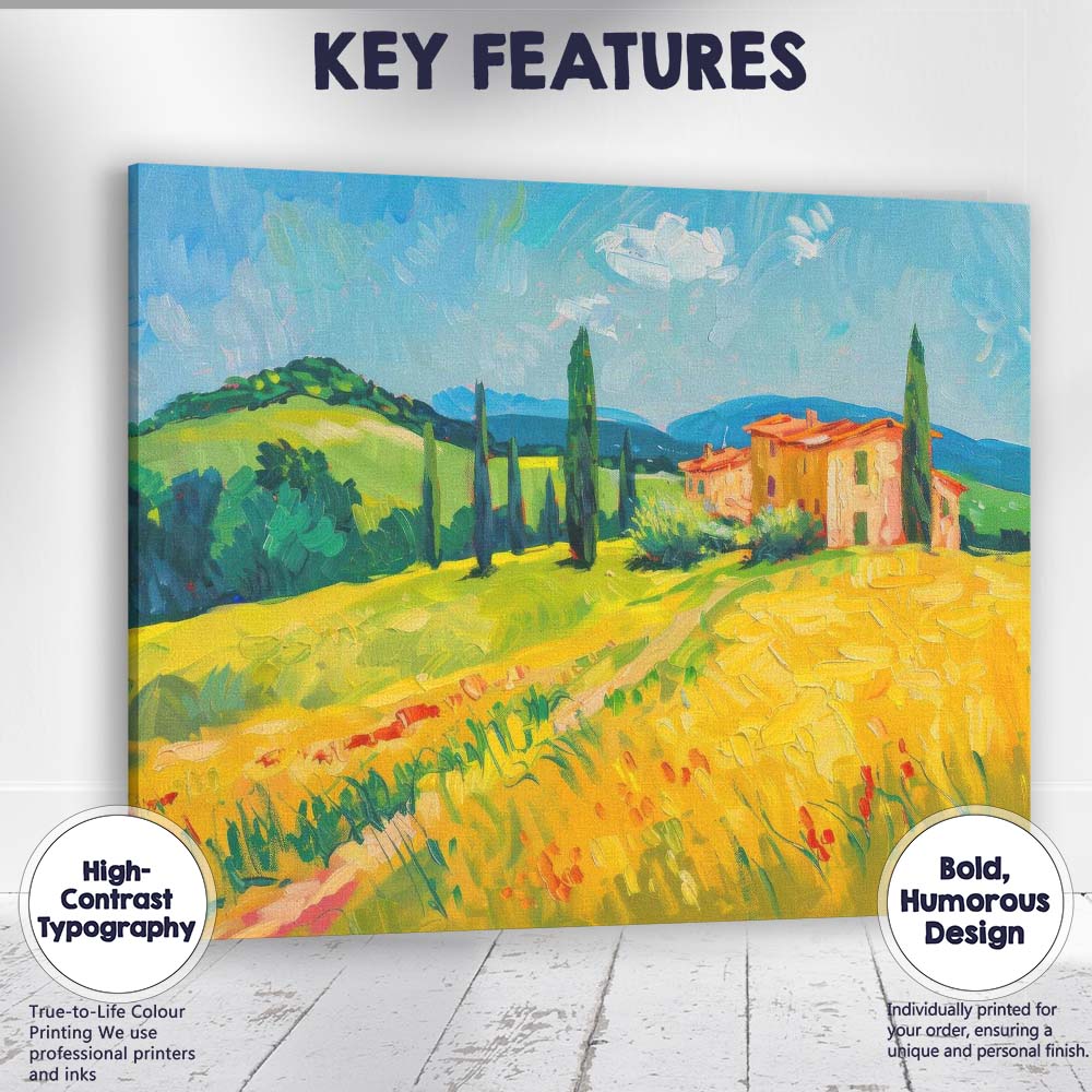 Sunlit Tuscany Countryside Rolling Hills And Cypress Trees Oil Painting Canvas Wall Art Print Decor Picture Ready to Hang