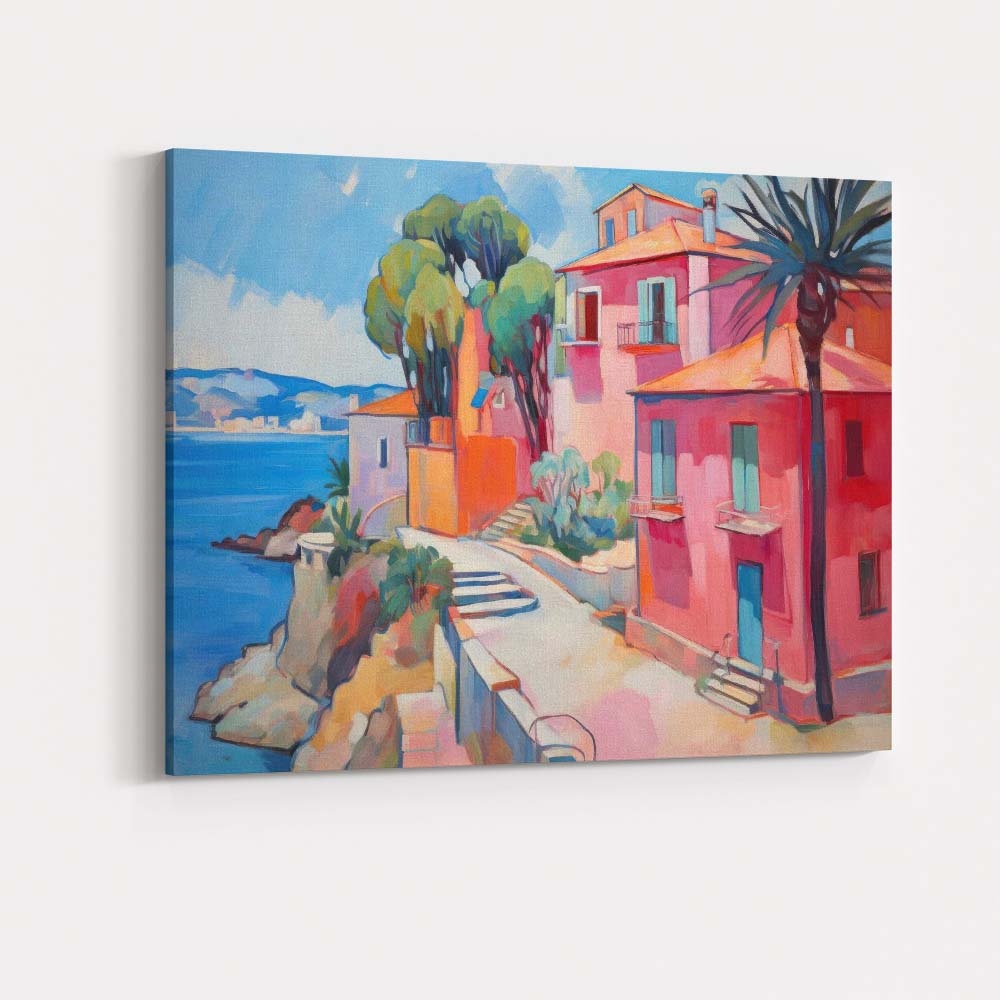 Pink Mediterranean Coastal Villas Seaside Village Impressionist Painting Canvas Wall Art Print Decor Picture Ready to Hang