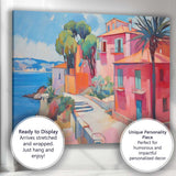 Pink Mediterranean Coastal Villas Seaside Village Impressionist Painting Canvas Wall Art Print Decor Picture Ready to Hang