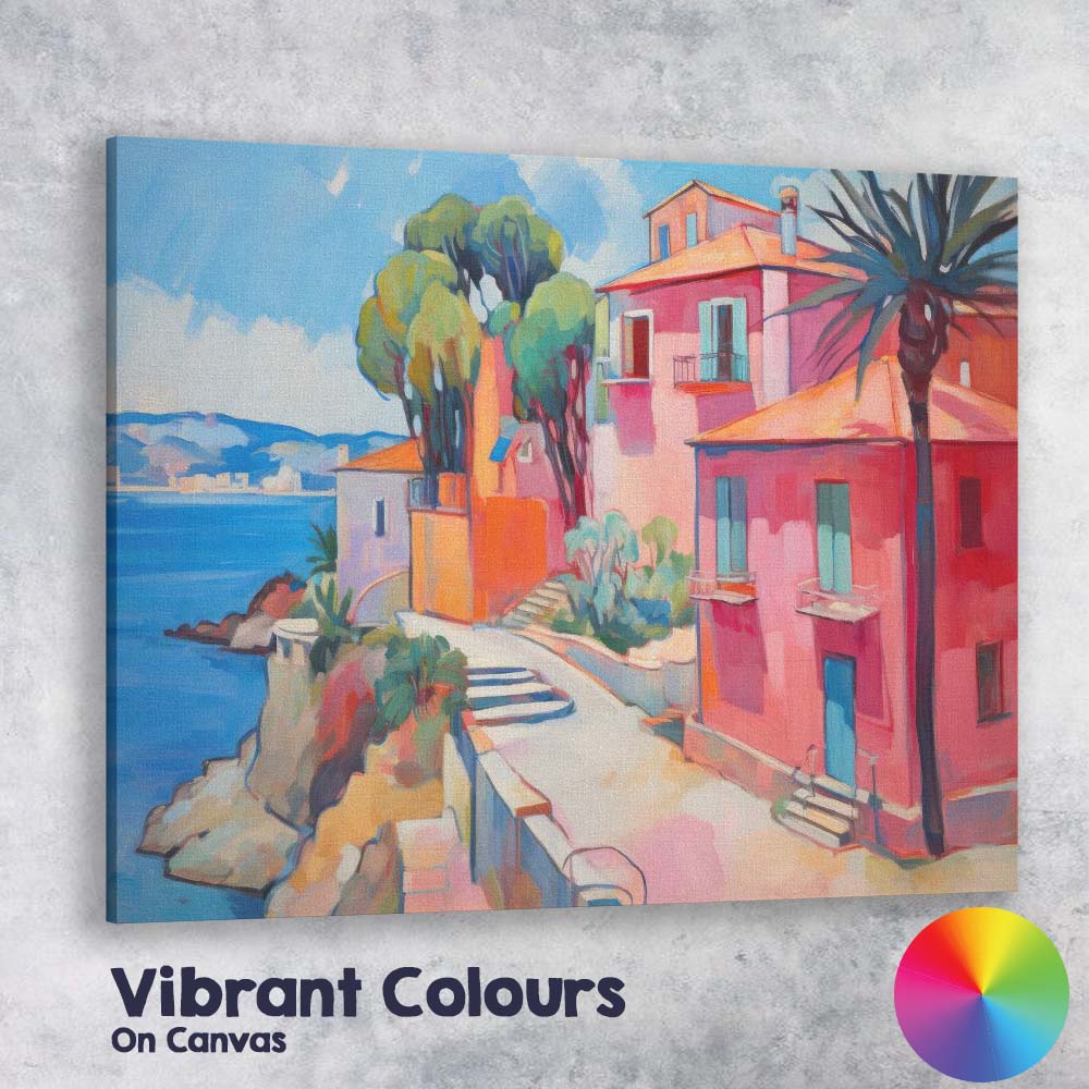 Pink Mediterranean Coastal Villas Seaside Village Impressionist Painting Canvas Wall Art Print Decor Picture Ready to Hang