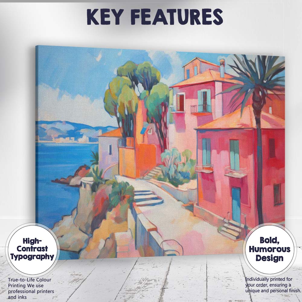 Pink Mediterranean Coastal Villas Seaside Village Impressionist Painting Canvas Wall Art Print Decor Picture Ready to Hang