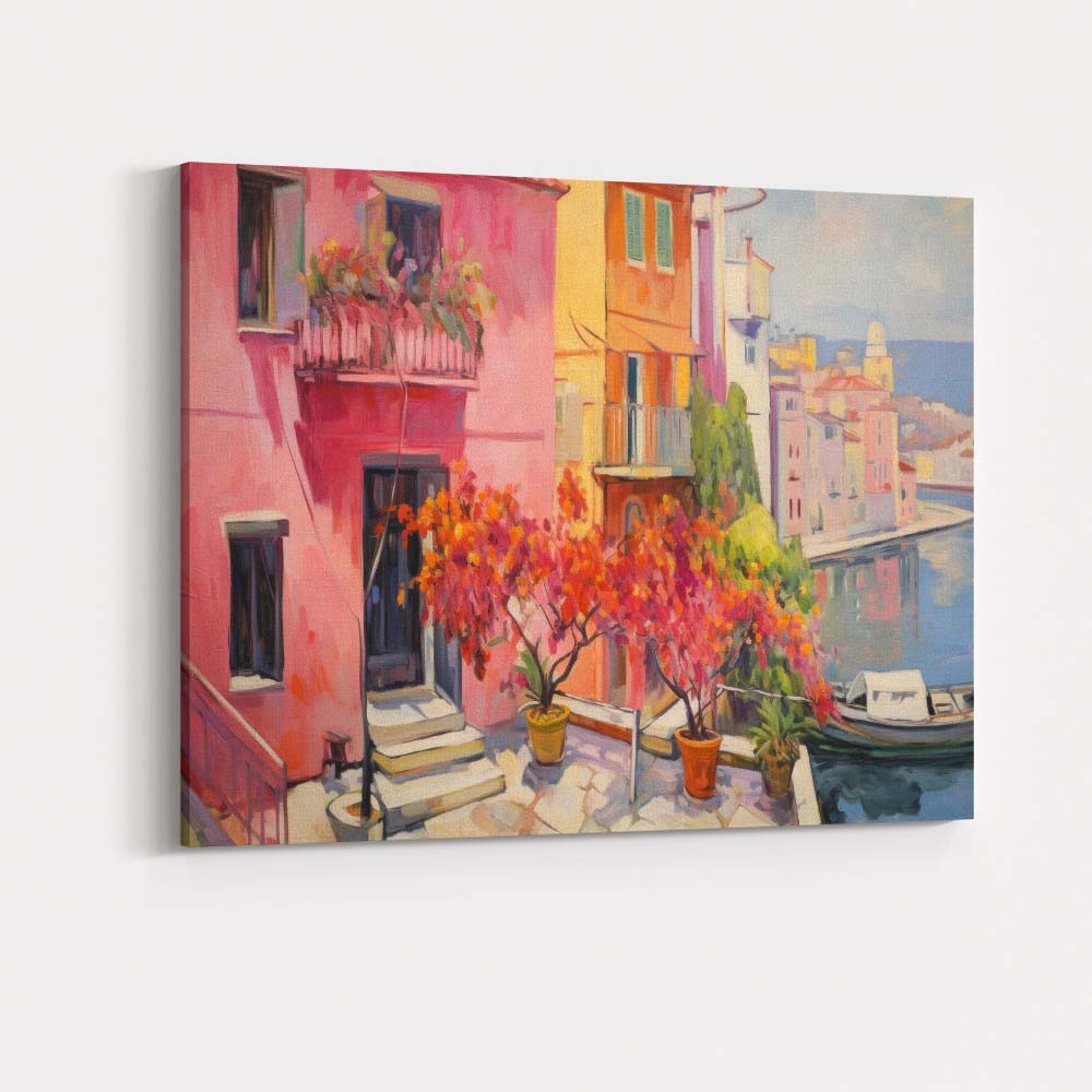 Romantic Canal Side Mediterranean Town With Blooming Flowers Canvas Wall Art Print Decor Picture Ready to Hang