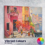 Romantic Canal Side Mediterranean Town With Blooming Flowers Canvas Wall Art Print Decor Picture Ready to Hang