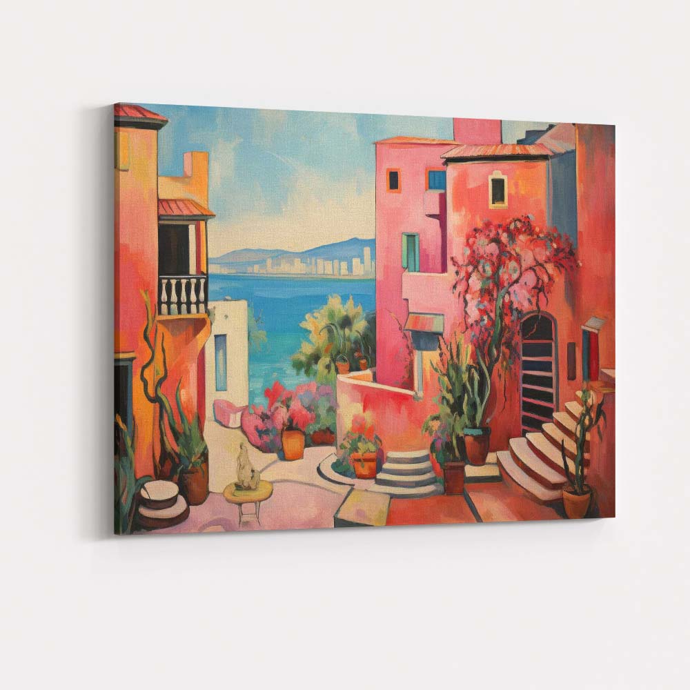 Pink Mediterranean Courtyard With Coastal Sea View Oil Painting Canvas Wall Art Print Decor Picture Ready to Hang