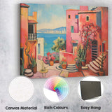 Pink Mediterranean Courtyard With Coastal Sea View Oil Painting Canvas Wall Art Print Decor Picture Ready to Hang