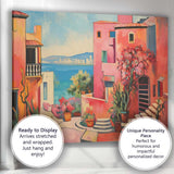 Pink Mediterranean Courtyard With Coastal Sea View Oil Painting Canvas Wall Art Print Decor Picture Ready to Hang