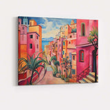 Colourful Mediterranean Coastal Village Street Impressionist Cityscape Canvas Wall Art Print Decor Picture Ready to Hang