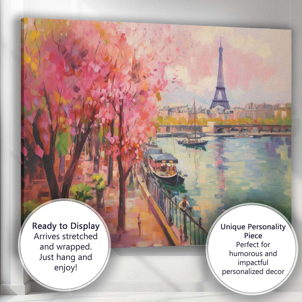 Pink Cherry Blossom Paris Riverside Eiffel Tower Impressionist Landscape Canvas Wall Art Print Decor Picture Ready to Hang