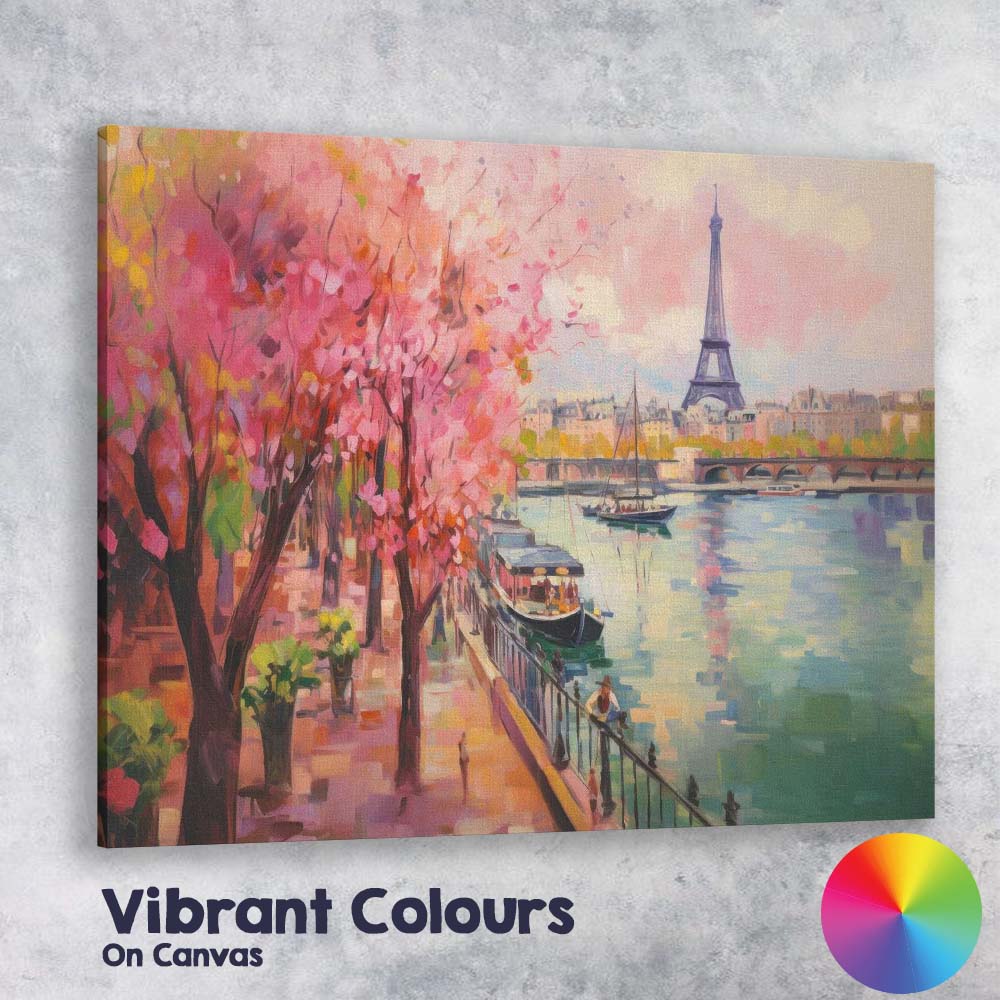 Pink Cherry Blossom Paris Riverside Eiffel Tower Impressionist Landscape Canvas Wall Art Print Decor Picture Ready to Hang
