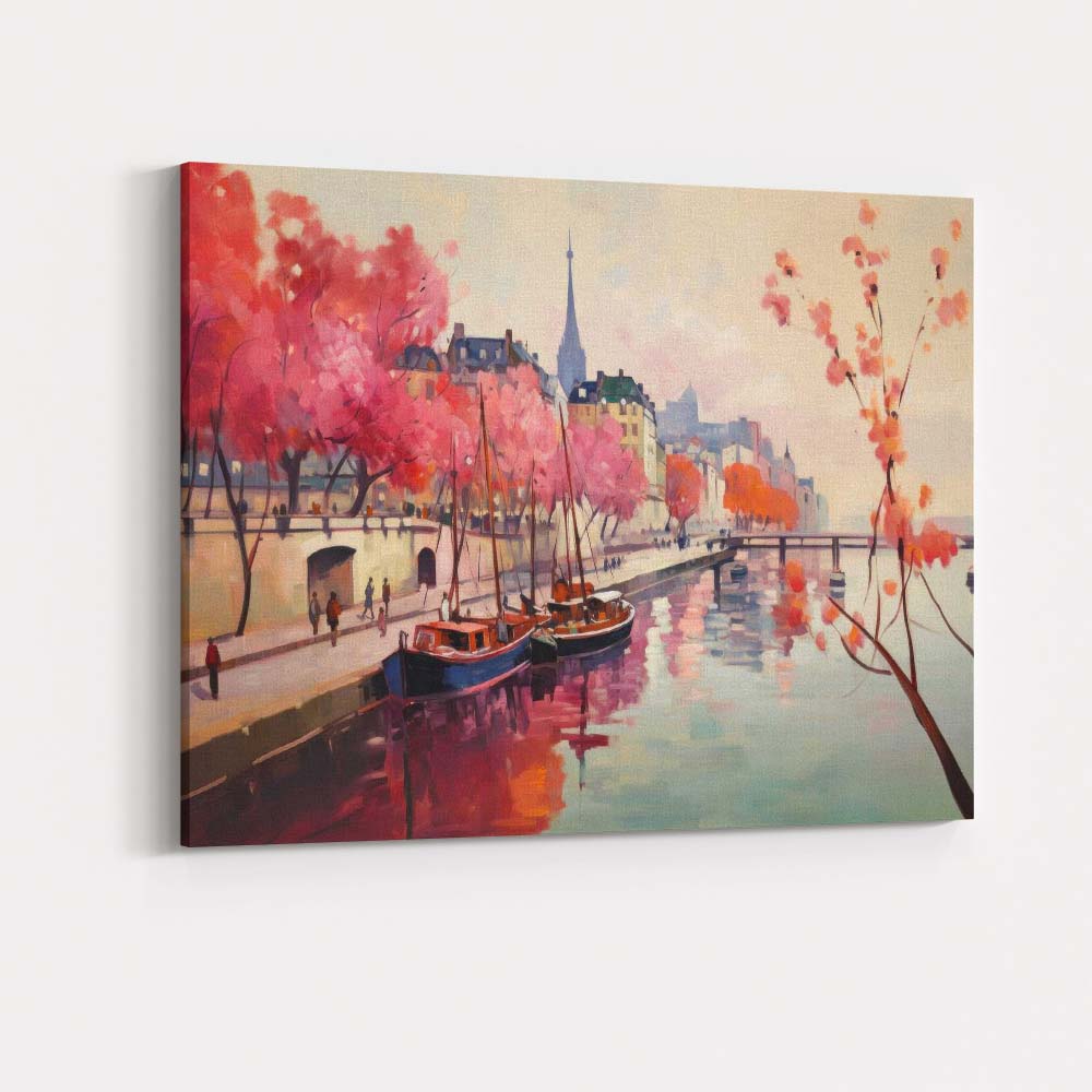 Paris Canal Waterfront With Blossom Trees Impressionist Spring Cityscape Canvas Wall Art Print Decor Picture Ready to Hang