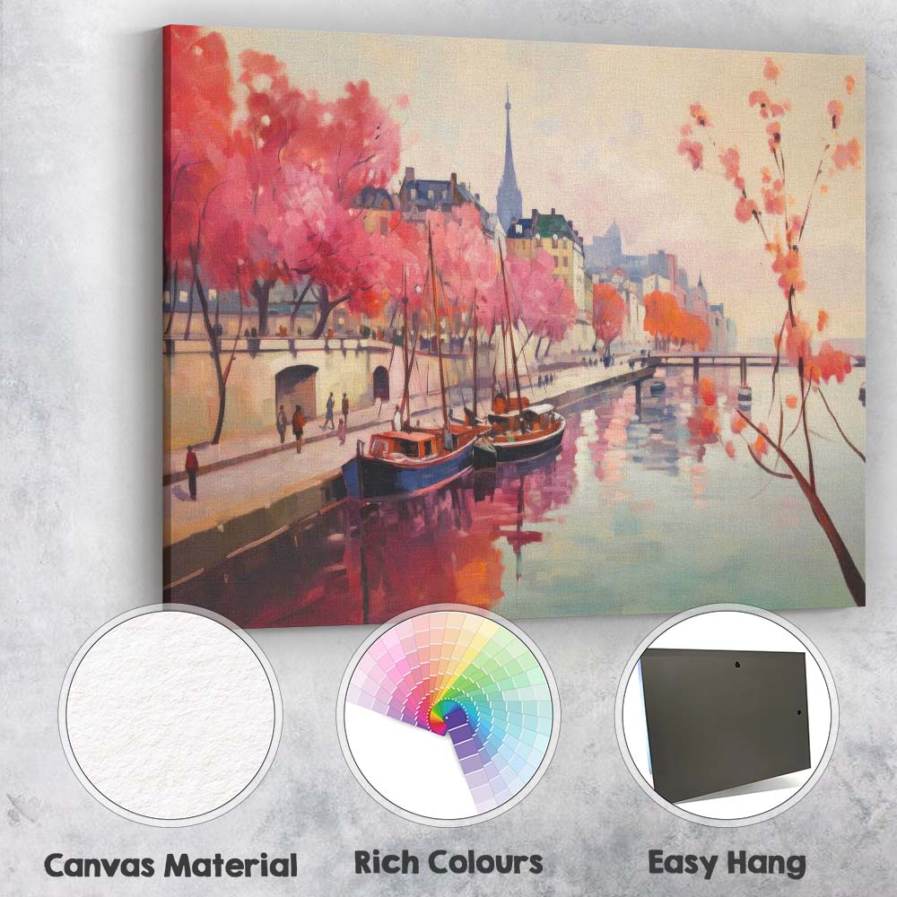Paris Canal Waterfront With Blossom Trees Impressionist Spring Cityscape Canvas Wall Art Print Decor Picture Ready to Hang