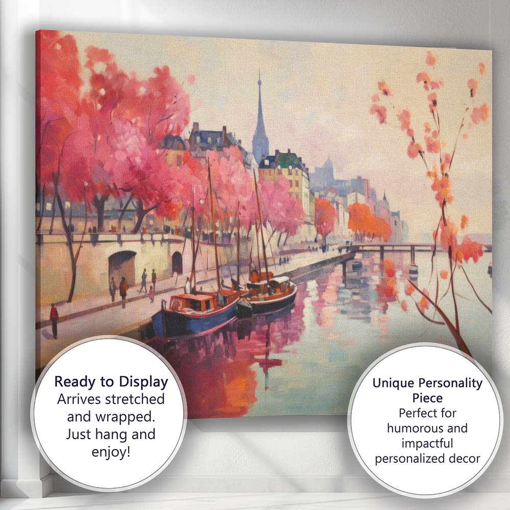 Paris Canal Waterfront With Blossom Trees Impressionist Spring Cityscape Canvas Wall Art Print Decor Picture Ready to Hang