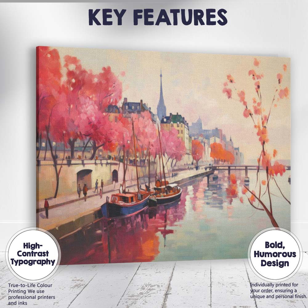 Paris Canal Waterfront With Blossom Trees Impressionist Spring Cityscape Canvas Wall Art Print Decor Picture Ready to Hang