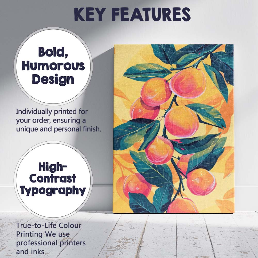 Peach Branch Botanical Fruit Illustration Modern Canvas Wall Art Print Decor Picture Ready to Hang