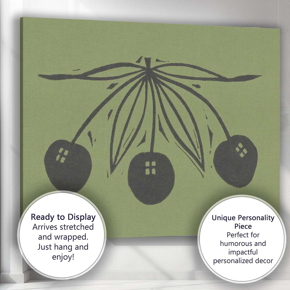Minimalist Black Cherries Botanical Linocut Illustration Canvas Wall Art Print Decor Picture Ready to Hang