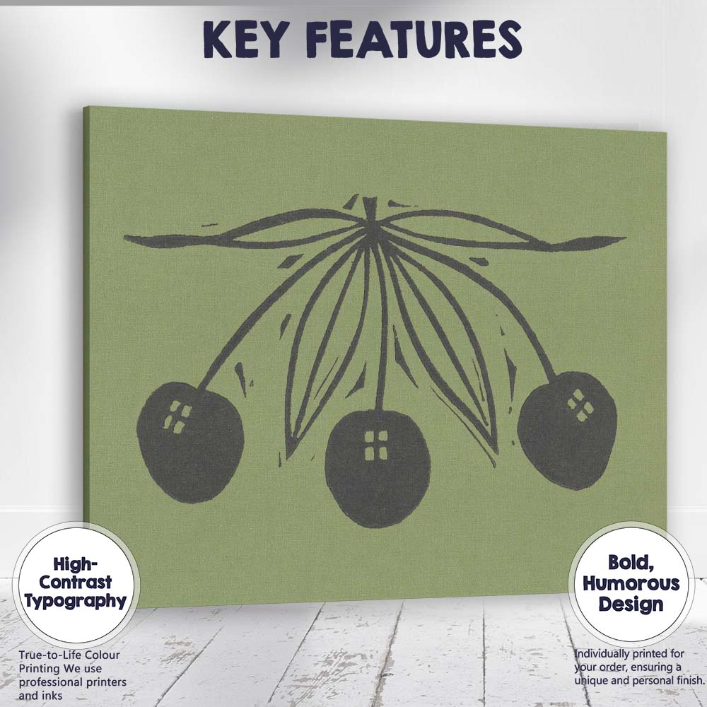 Minimalist Black Cherries Botanical Linocut Illustration Canvas Wall Art Print Decor Picture Ready to Hang