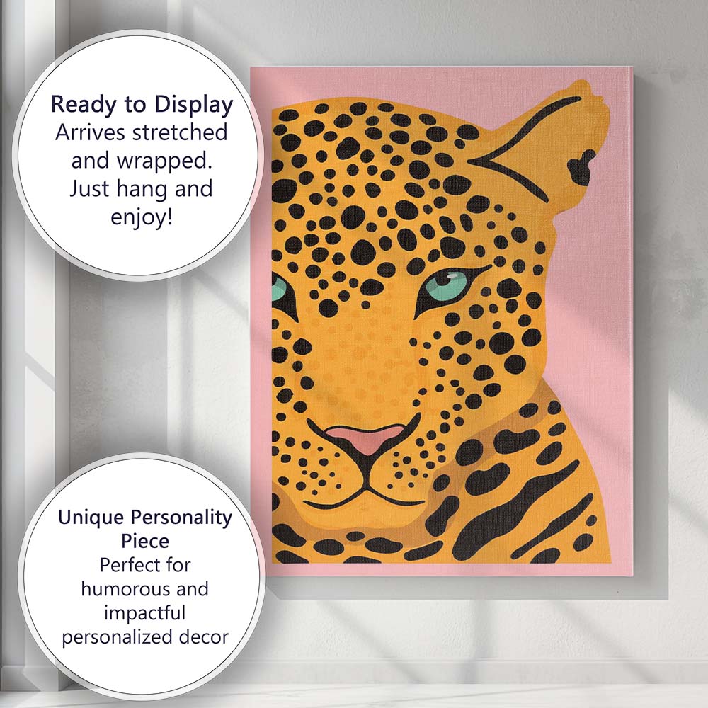 Pink Background Pop Art Leopard Portrait Contemporary Animal Illustration Canvas Wall Art Print Decor Picture Ready to Hang