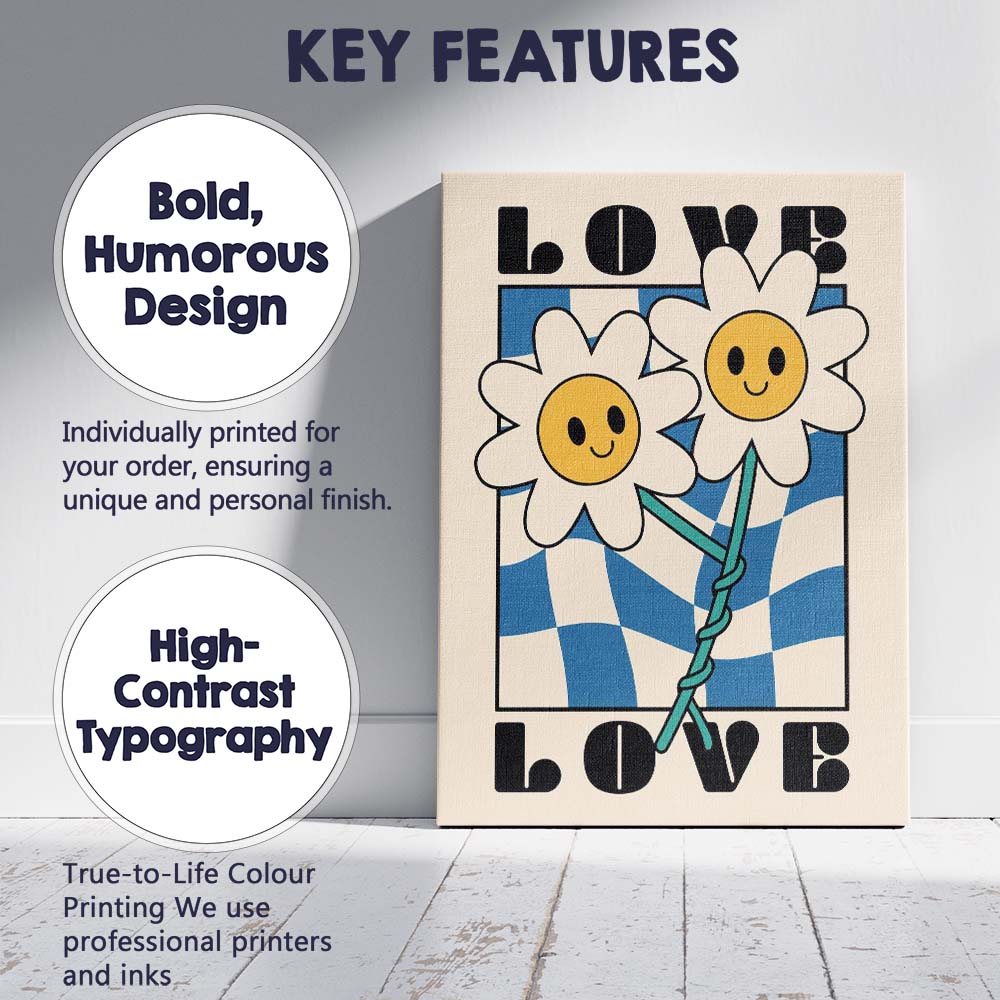 Love Smiling Daisy Flowers Blue Checkerboard Retro Typography Canvas Wall Art Print Decor Picture Ready to Hang