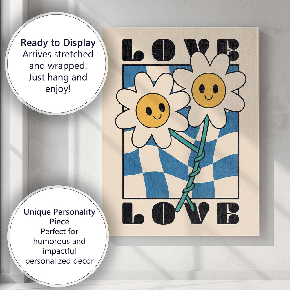 Love Smiling Daisy Flowers Blue Checkerboard Retro Typography Canvas Wall Art Print Decor Picture Ready to Hang