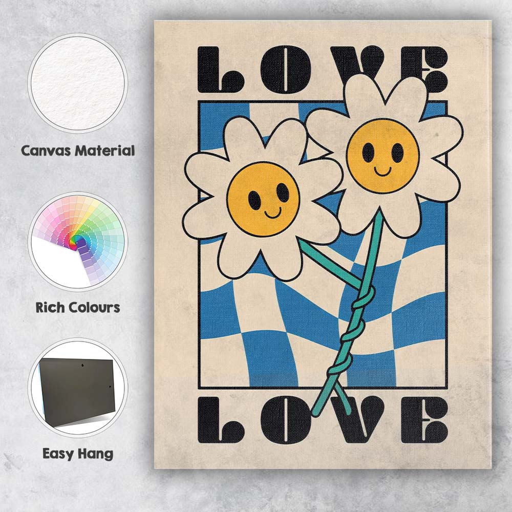 Love Smiling Daisy Flowers Blue Checkerboard Retro Typography Canvas Wall Art Print Decor Picture Ready to Hang