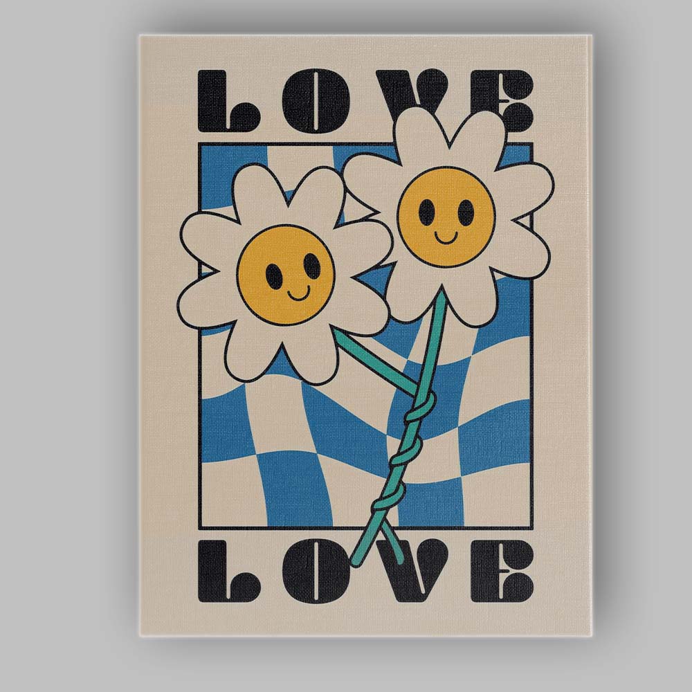 Love Smiling Daisy Flowers Blue Checkerboard Retro Typography Canvas Wall Art Print Decor Picture Ready to Hang