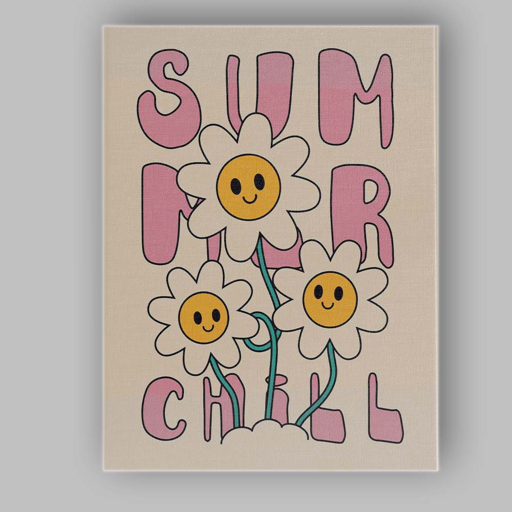 Summer Chill Smiling Daisy Typography Retro Floral Canvas Wall Art Print Decor Picture Ready to Hang