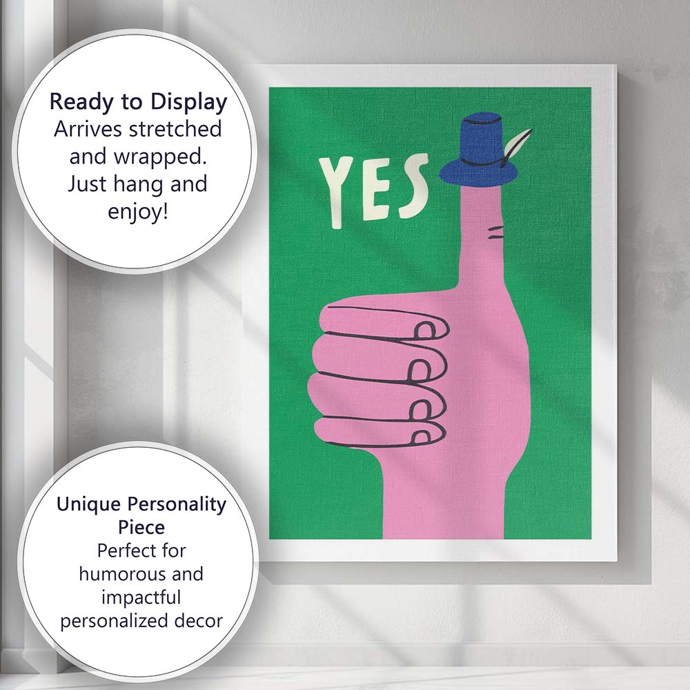 Yes Thumbs Up Hand With Blue Hat Minimalist Pop Art Canvas Wall Art Print Decor Picture Ready to Hang