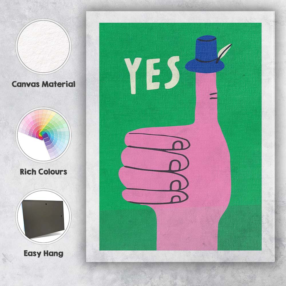 Yes Thumbs Up Hand With Blue Hat Minimalist Pop Art Canvas Wall Art Print Decor Picture Ready to Hang