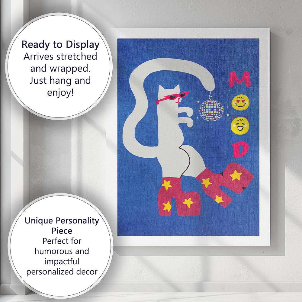Disco Cat Wearing Sunglasses Retro Party Illustration Canvas Wall Art Print Decor Picture Ready to Hang