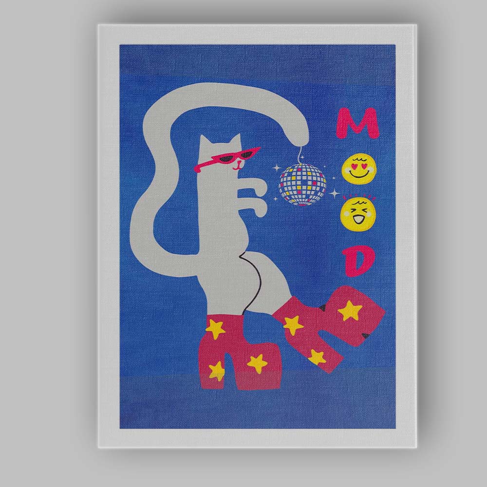 Disco Cat Wearing Sunglasses Retro Party Illustration Canvas Wall Art Print Decor Picture Ready to Hang