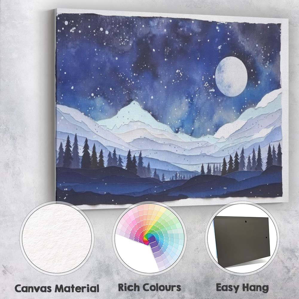 Moonlit Snowy Mountain Landscape Watercolour Night Sky Canvas Wall Art Print Decor Picture Ready to Hang