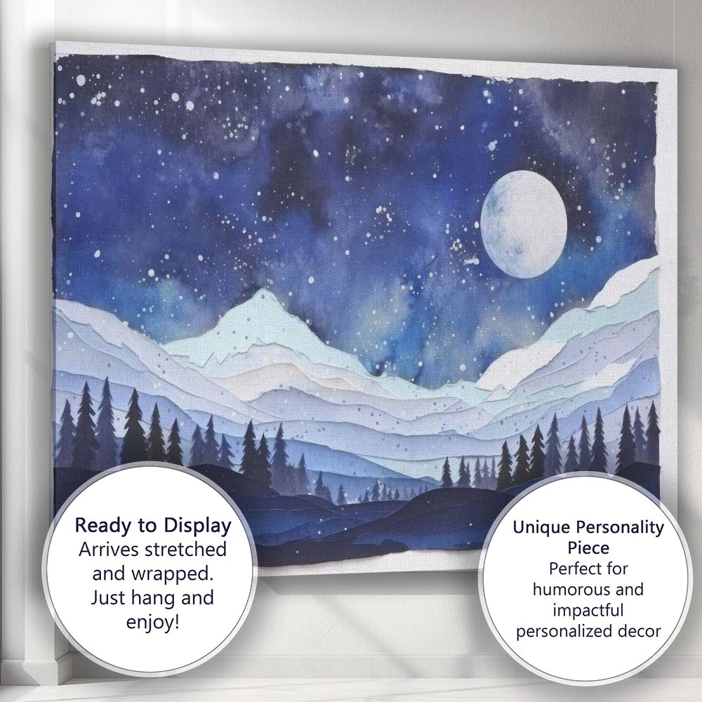 Moonlit Snowy Mountain Landscape Watercolour Night Sky Canvas Wall Art Print Decor Picture Ready to Hang
