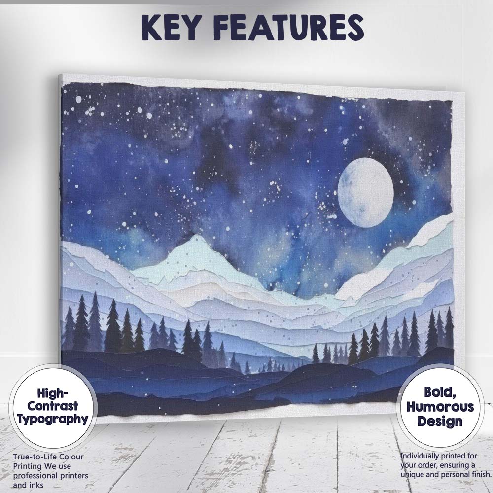 Moonlit Snowy Mountain Landscape Watercolour Night Sky Canvas Wall Art Print Decor Picture Ready to Hang