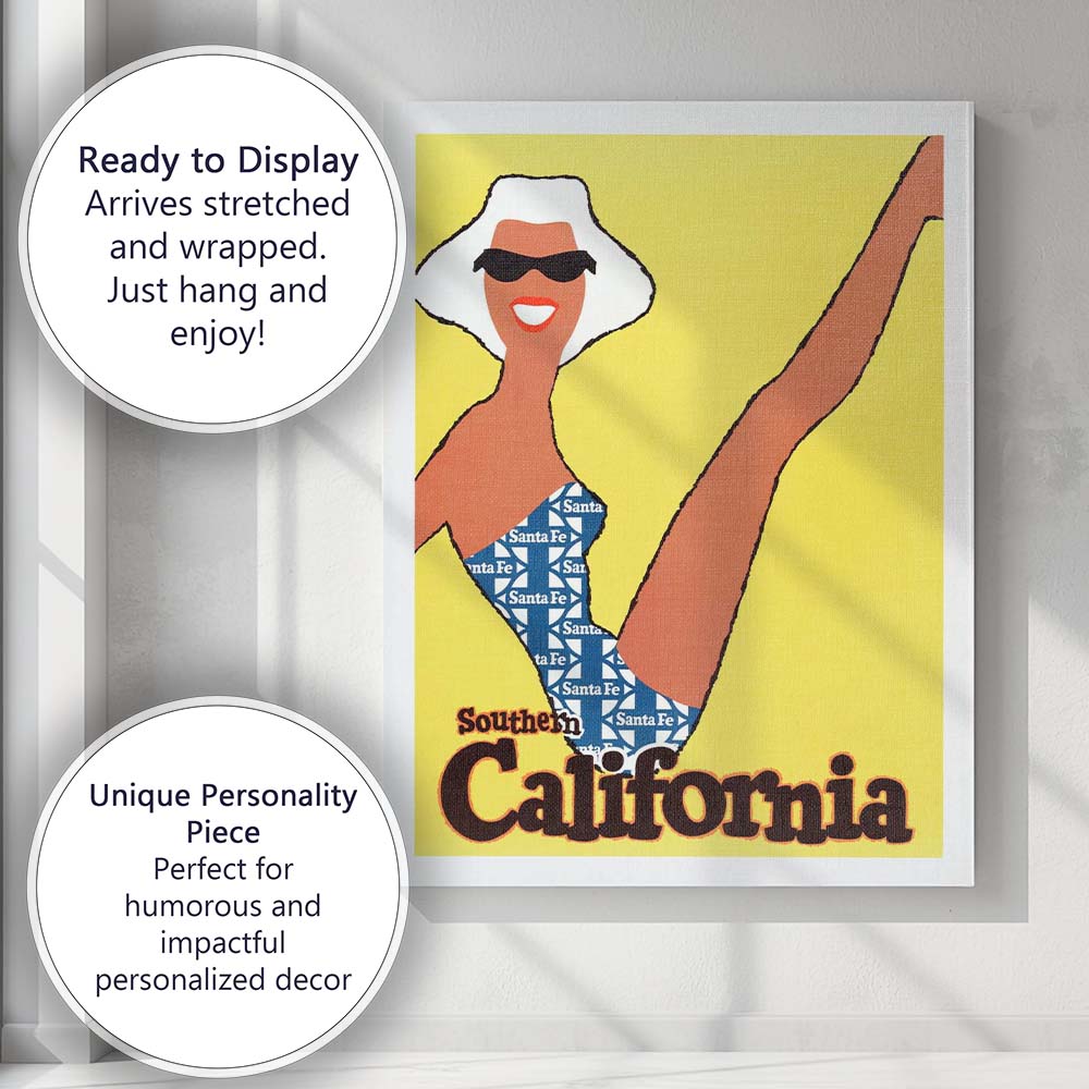 Retro Southern California Travel Poster Fashion Illustration Canvas Wall Art Print Decor Picture Ready to Hang