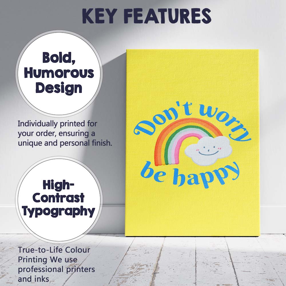 Cute Rainbow Smile Dont Worry Be Happy Typography Canvas Wall Art Print Decor Picture Ready to Hang