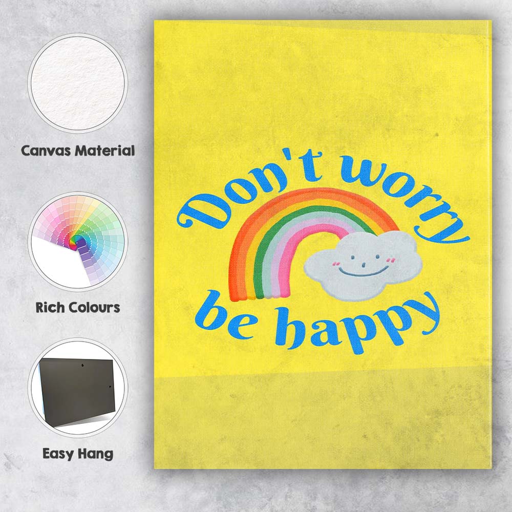 Cute Rainbow Smile Dont Worry Be Happy Typography Canvas Wall Art Print Decor Picture Ready to Hang