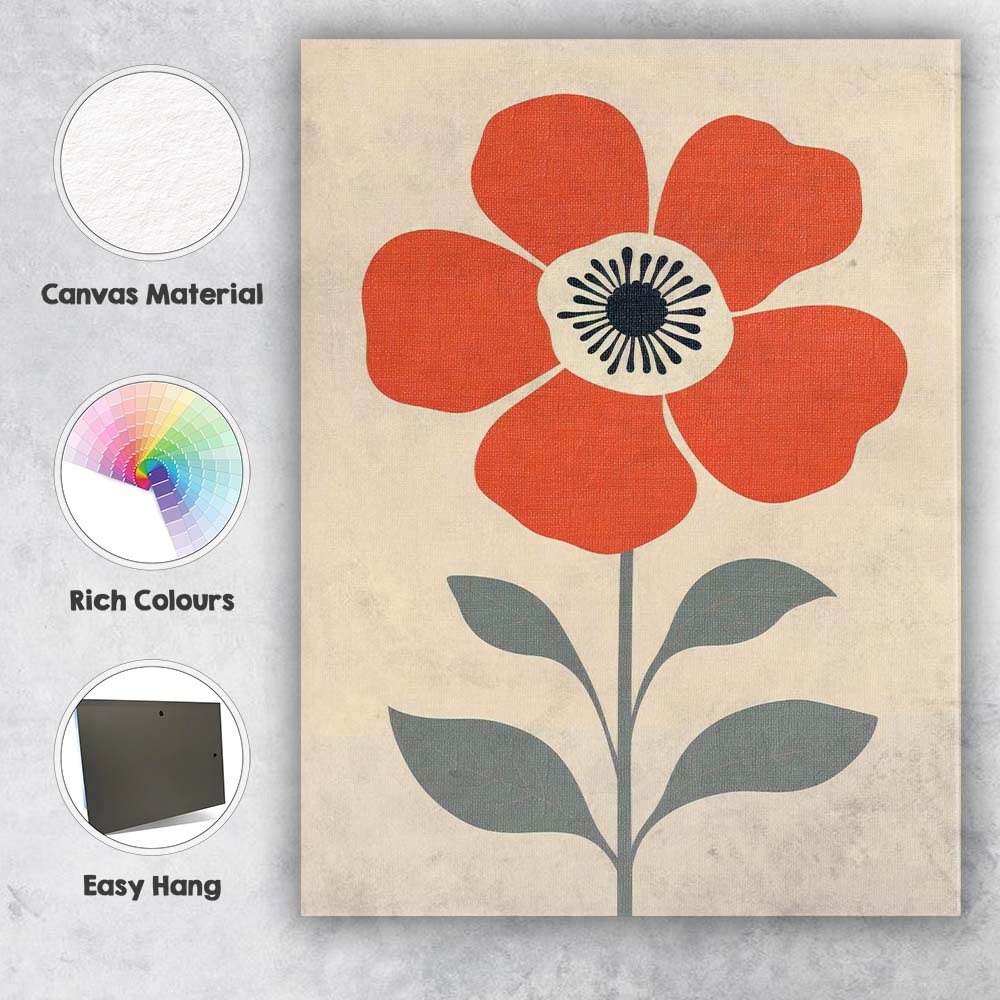 Scandinavian Orange Poppy Flower Minimalist Botanical Illustration Canvas Wall Art Print Decor Picture Ready to Hang