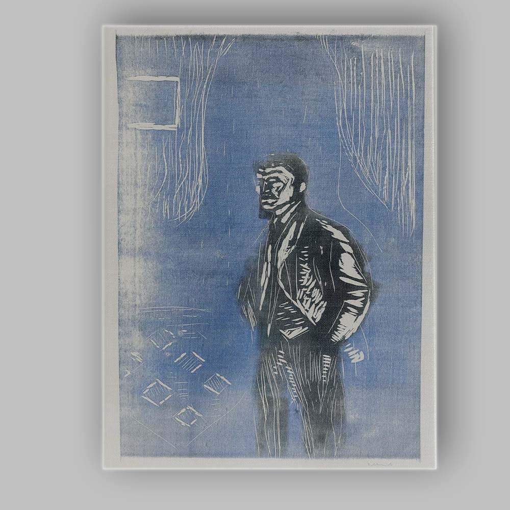 Blue Expressionist Solitary Figure Woodcut Style Portrait Canvas Wall Art Print Decor Picture Ready to Hang