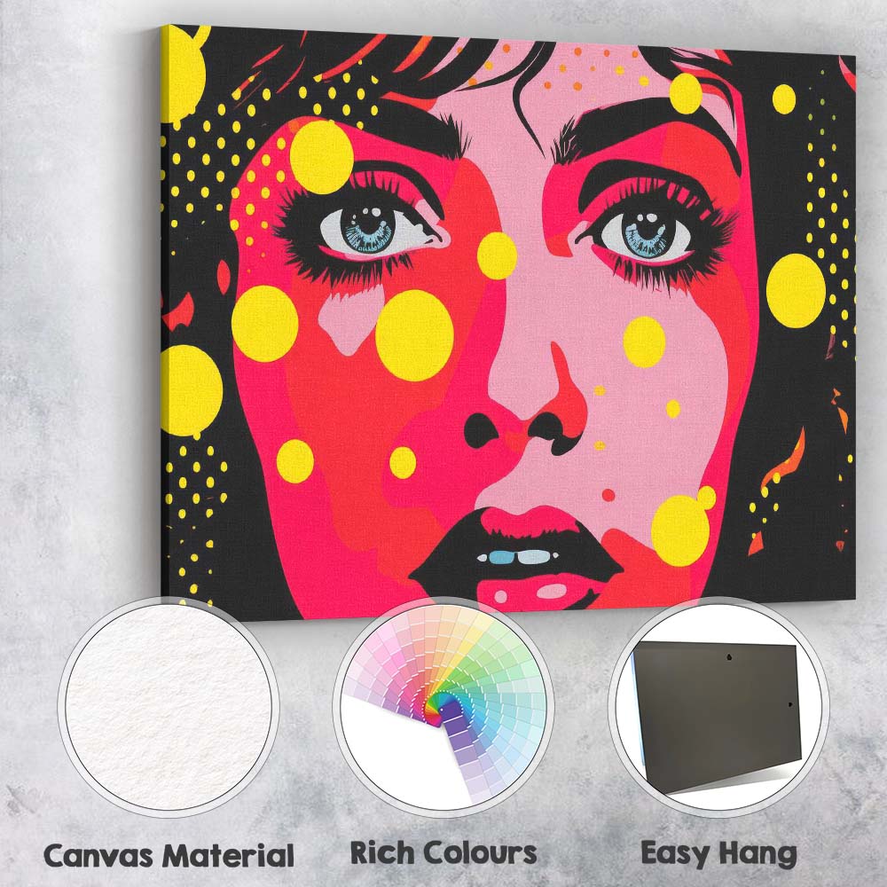 Vibrant Pop Art Female Portrait Yellow Polka Dot Illustration Canvas Wall Art Print Decor Picture Ready to Hang