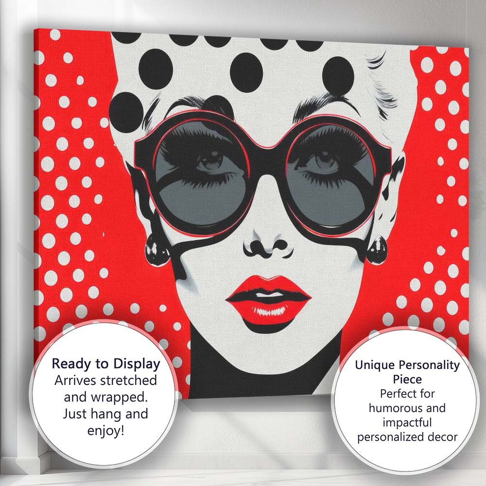 Retro Fashion Woman In Sunglasses Red Polka Dot Pop Art Canvas Wall Art Print Decor Picture Ready to Hang