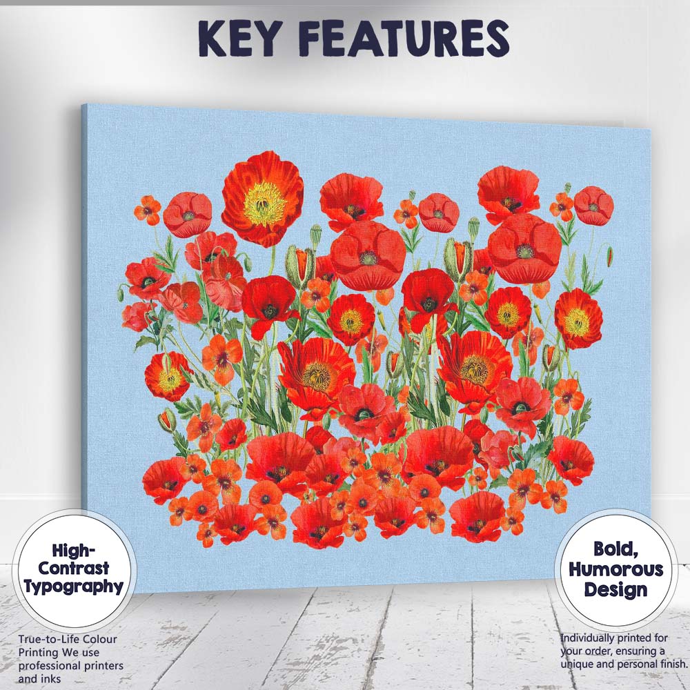 Vibrant Red Poppy Wildflower Botanical Garden Illustration Canvas Wall Art Print Decor Picture Ready to Hang