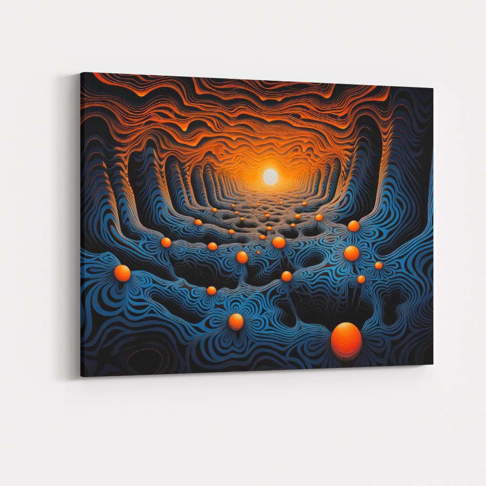 Abstract Blue Orange Glowing Topographic Tunnel Futuristic Digital Art Canvas Wall Art Print Decor Picture Ready to Hang