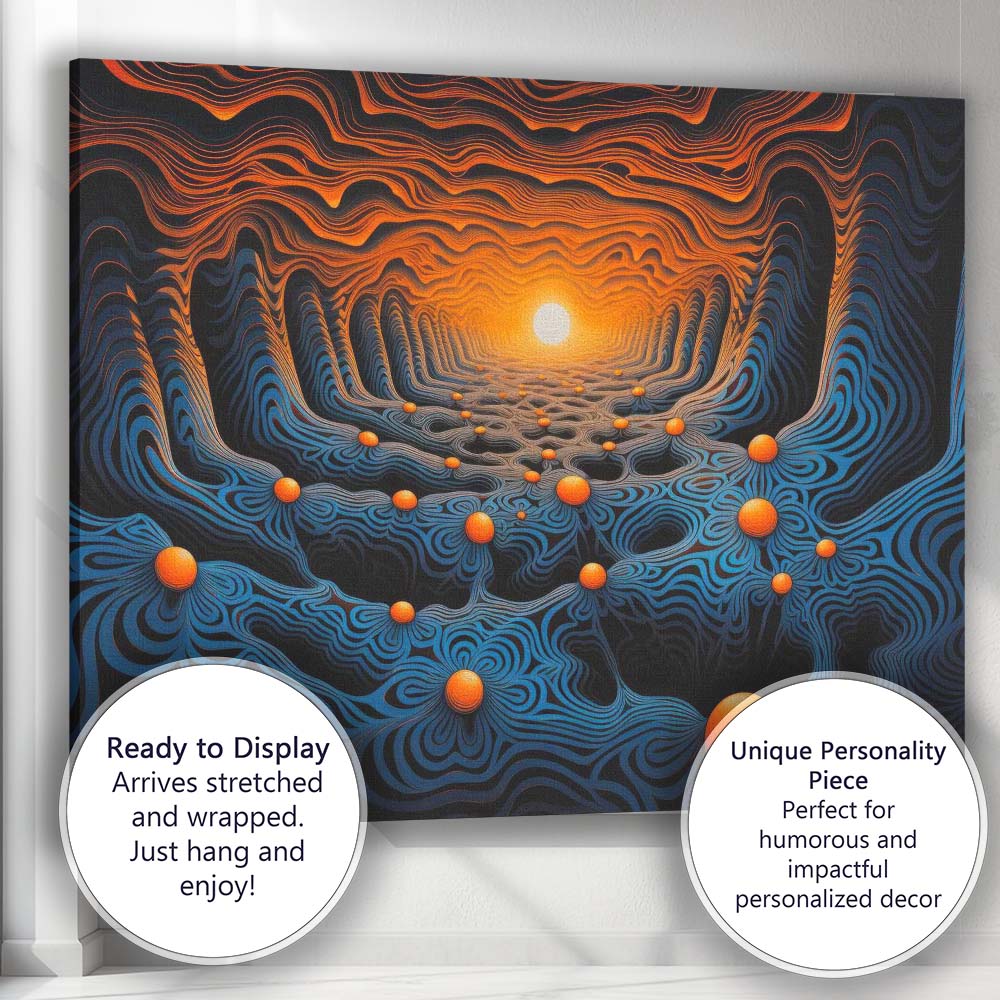 Abstract Blue Orange Glowing Topographic Tunnel Futuristic Digital Art Canvas Wall Art Print Decor Picture Ready to Hang