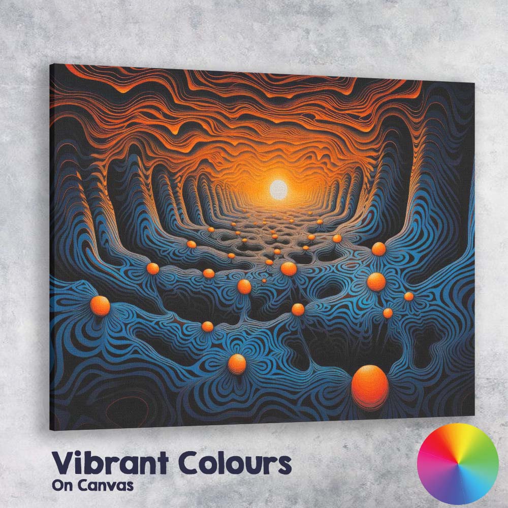 Abstract Blue Orange Glowing Topographic Tunnel Futuristic Digital Art Canvas Wall Art Print Decor Picture Ready to Hang